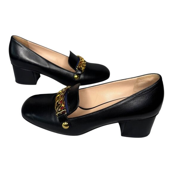 Gucci Sylvie Black Leather Chain Web Stripe Block Heel Pumps Shoes 38.5 US 8.5 - Picture 8 of 15